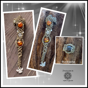 Makramee-Perle mit Vulkanstein, Glasperlen und silbernen Anhängern